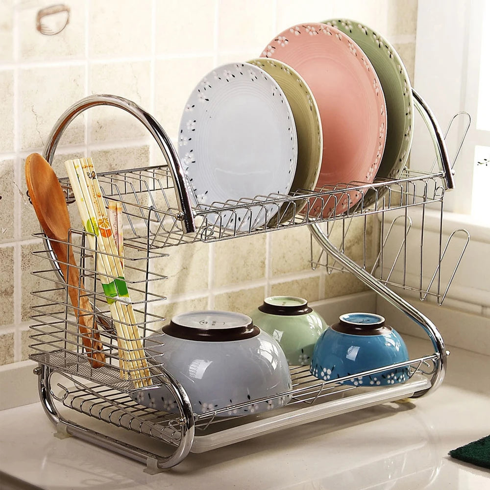 2 Tier Dish Drainers Drying Rack for Kitchen Detachable Large Organizer With Utensil Holde and Extra Drain tray Countertop Dryer