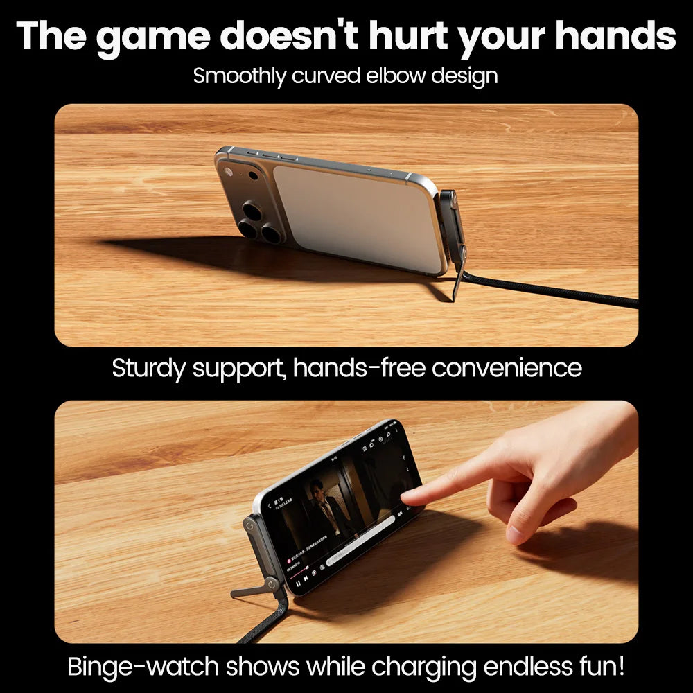 65W USB Fast Charging Cable With Foldable Phone Holder 2-in-1 Type-C Quick Charge Data Wire USB C Charging Line For Mobile Phone